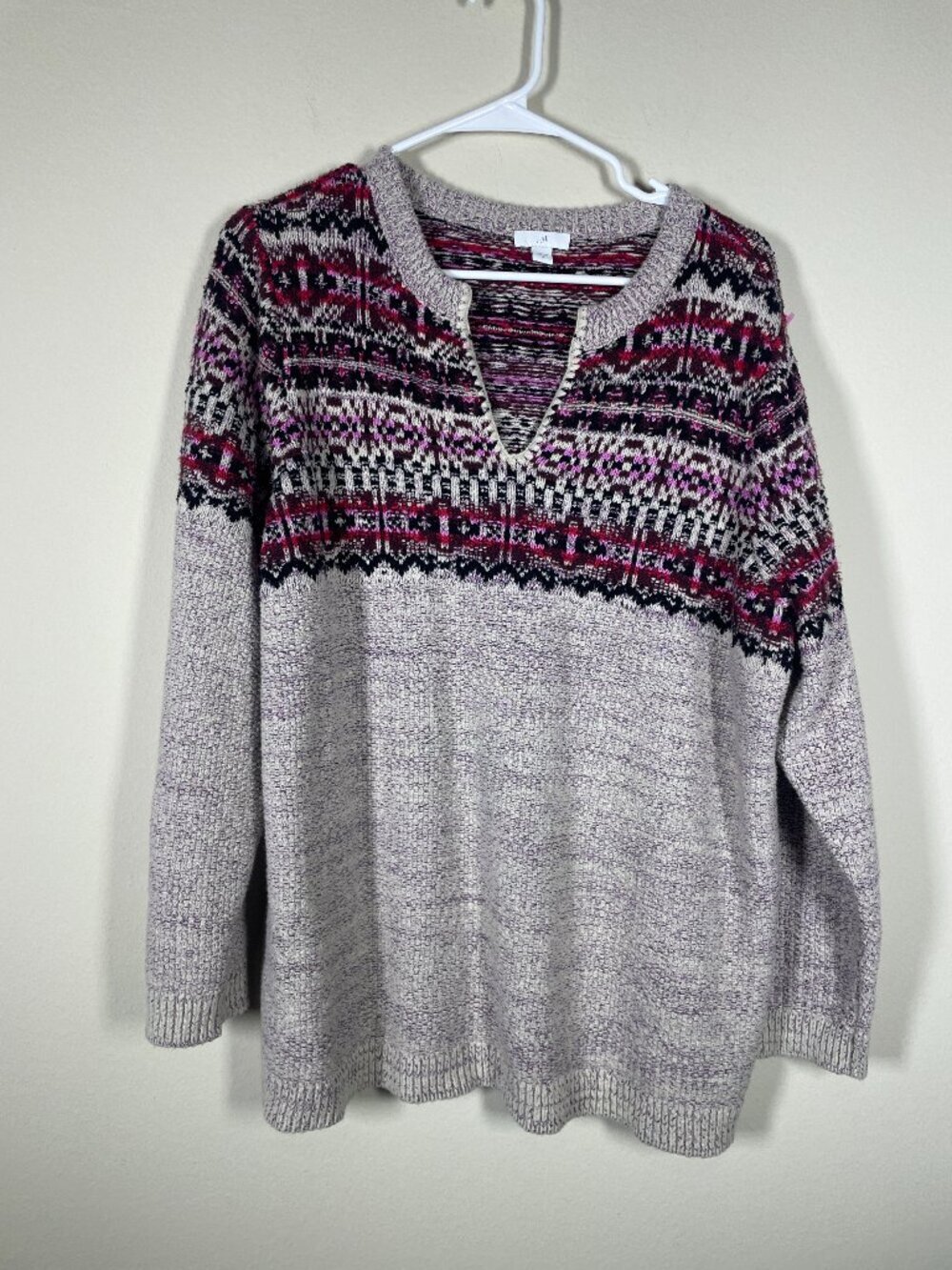 J Jill Fair Isle V Neck Long Sleeve Sweater Size XL Cotton Blend Cozy!